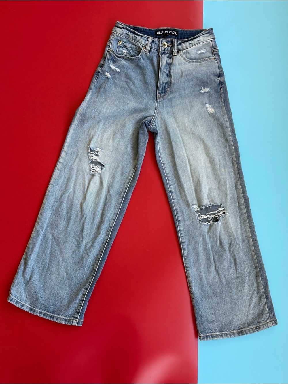 Blue Revival Distressed Wide Leg Jeans High Rise Light Wash Women’s Size 25